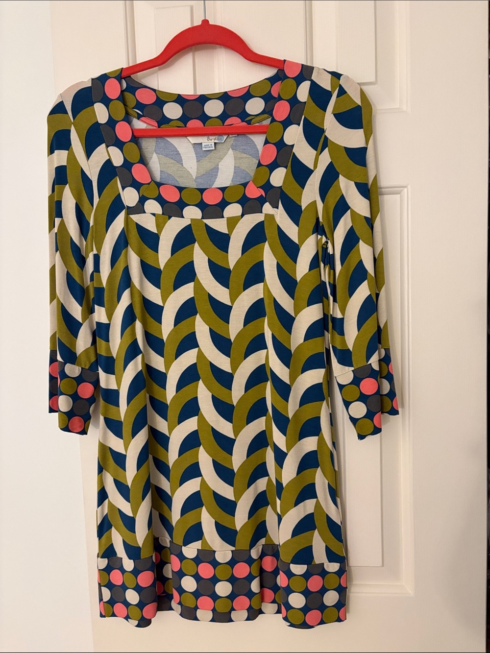 Boden Olive, Teal , Cream & Pink Geometric Long-Sleeve Dress